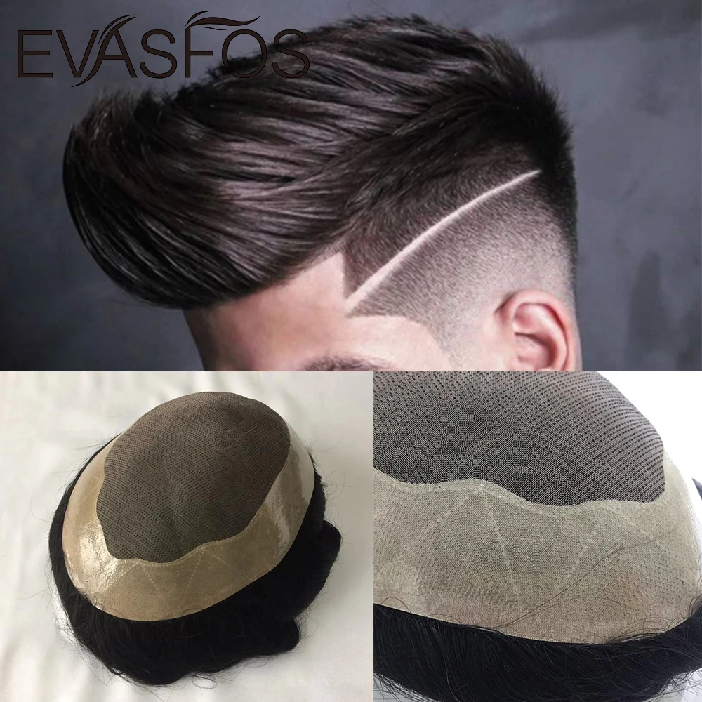 

EVASFOS Toupee Men Fine Mono Lace & NPU Hairpiece Prosthesis Unit Male Wig Real Indian Human Hair Replacement System Men's Wigs