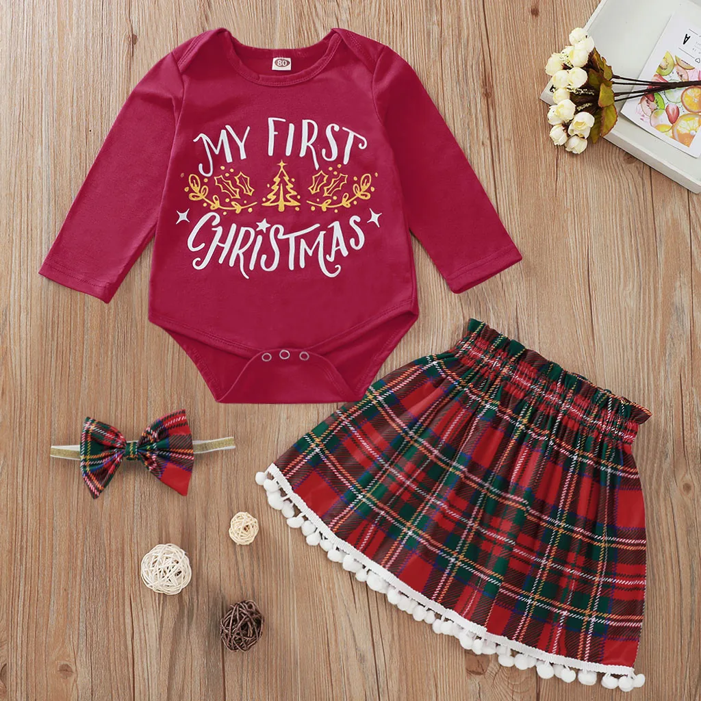 С надписью my first christmas, для девочки, Младенческая Платье для девочек пижамный комплект на Рождество, боди, длинные рукава пуловер-комбинезон с бахромой и клетчатая юбка; комплект одежды