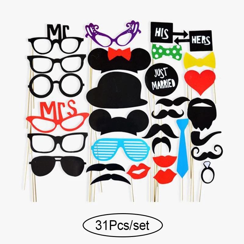 31Pcs set glasses 10-60 шт DIY фото стенд реквизит забавная маска очки Усы губы на палочке День Рождения невесты свадебные украшения вечерние аксессуары - Цвет: 31Pcs set glasses