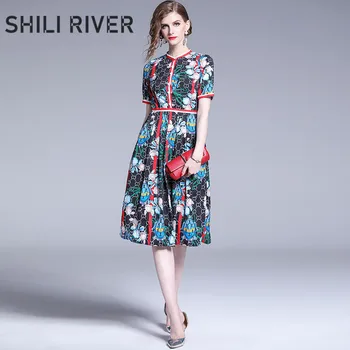 

New summer shirt dress for women a line short sleeve slim girl cute elegant floral O neck print flower blue pleated midi dress