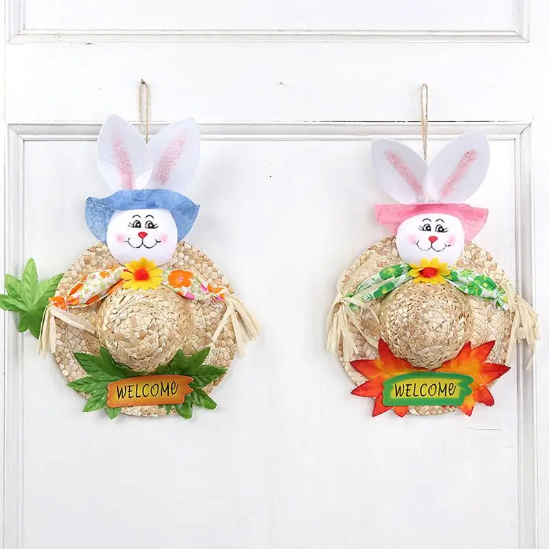 Creative Straw Hat Cute Rabbit Easter Door Hanging Wreath Home Wall Window Garden Decor Party Ornament Accessory Y4UE