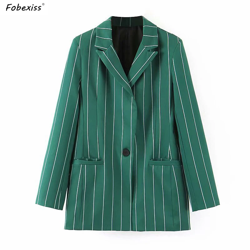 Vintage Green Stripe Pants Suit Women Fall Long Sleeve Single Breasted Blazer Sets Office Lady High Waist Loose Pants Suit
