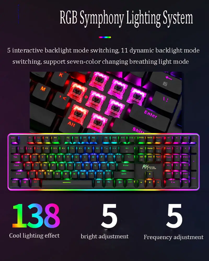 RK918 ROYAL KLUDGE Wired Gaming Mechanical Keyboard with RGB Backlight 108 Keys Blue Red Brown Switch for Office PC Laptop