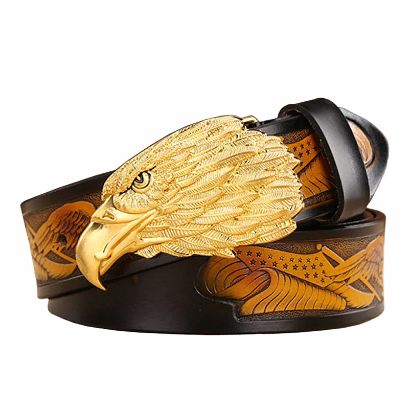

Leather Men's Belt Casual Eagle Head Gold Smooth Buckle Belt for Pants Genuine Cow Leather Waist Straps