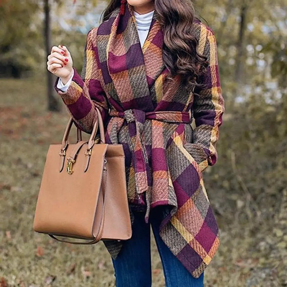Cashmere Woolen Women Coat Winter Vintage Warm Plaid Sashes Irregular Wool Manteau Femme Abrigos Mujer Plaszcze Damskie | Женская одежда