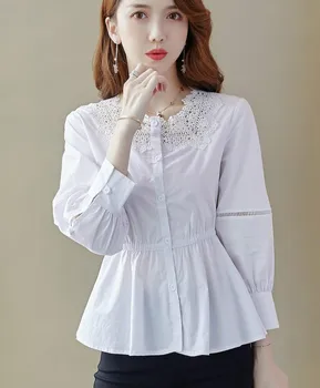 

Spring Long Sleeve Women Peplum Tops Femme Hollow Out White Shirts Lady Ruffles Peplum Shirts