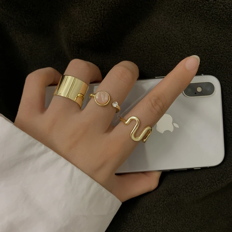 Vintage Colorful Stone Metallic Chain Trendy Geometry Hit Rings Set 8pcs/set for Women Girls Jewelry,ring set