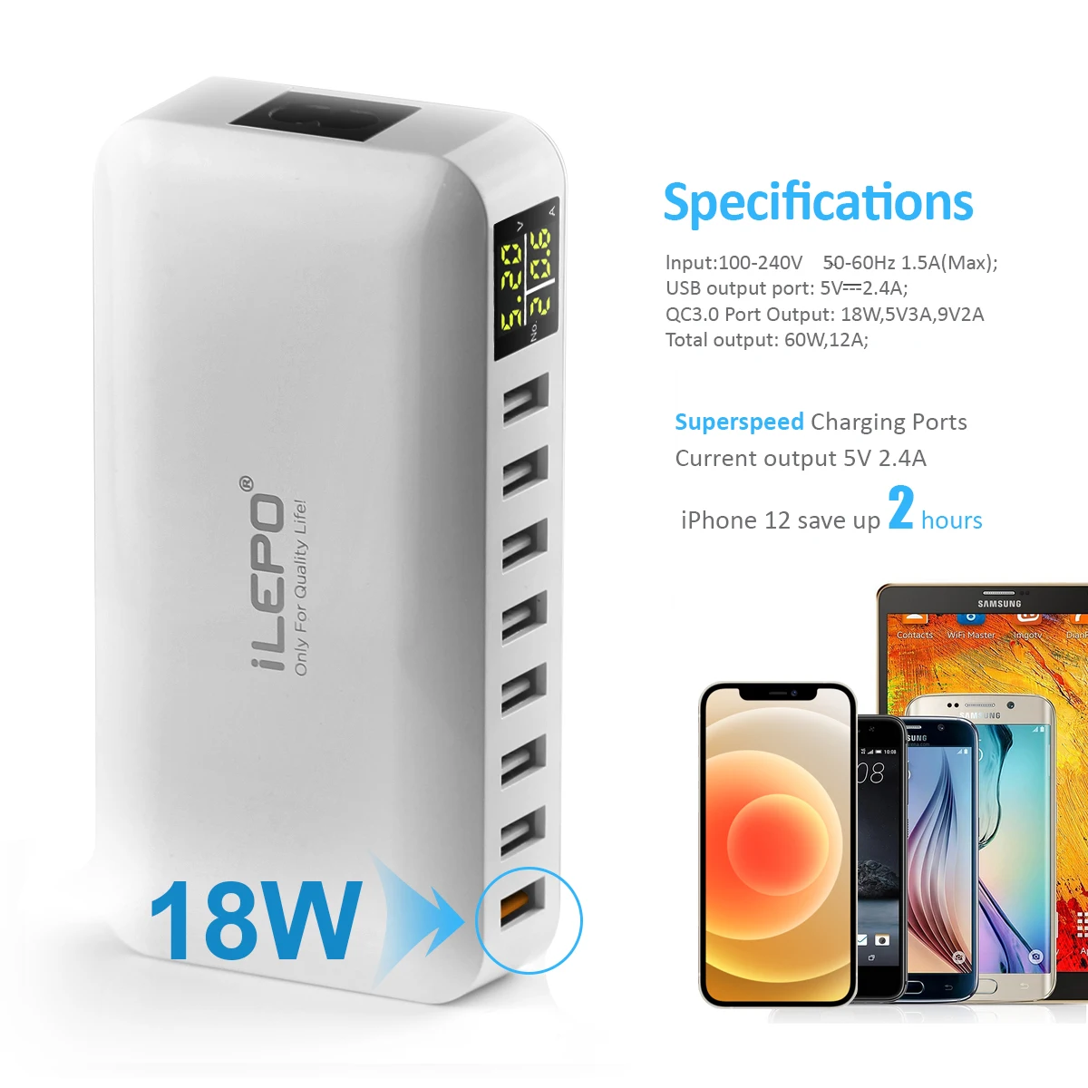 ILEPO 60W 8 Port USB Fast Charger QC3.0 HUB Smart Quick Charge LED