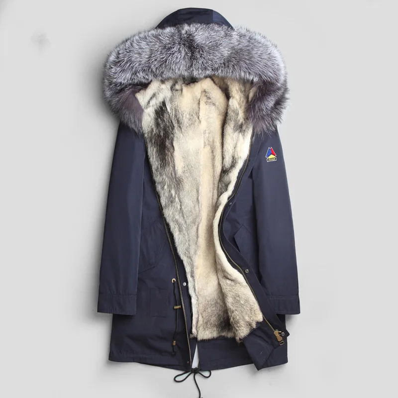 navy-wolf fur liner Мужское пальто с натуральным мехом, зимняя куртка, подкладка из натурального волка, парка, Мужская одежда,, Воротник из лисьего меха, теплый длинный Тренч, пальто размера плюс, MY - Цвет: navy-wolf fur liner