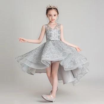 

Elegant Princess V-neck Sleeveless Lace Bridesmaid Dress for Girls Short Front Long Back Dress Children Lace Evening Dresses
