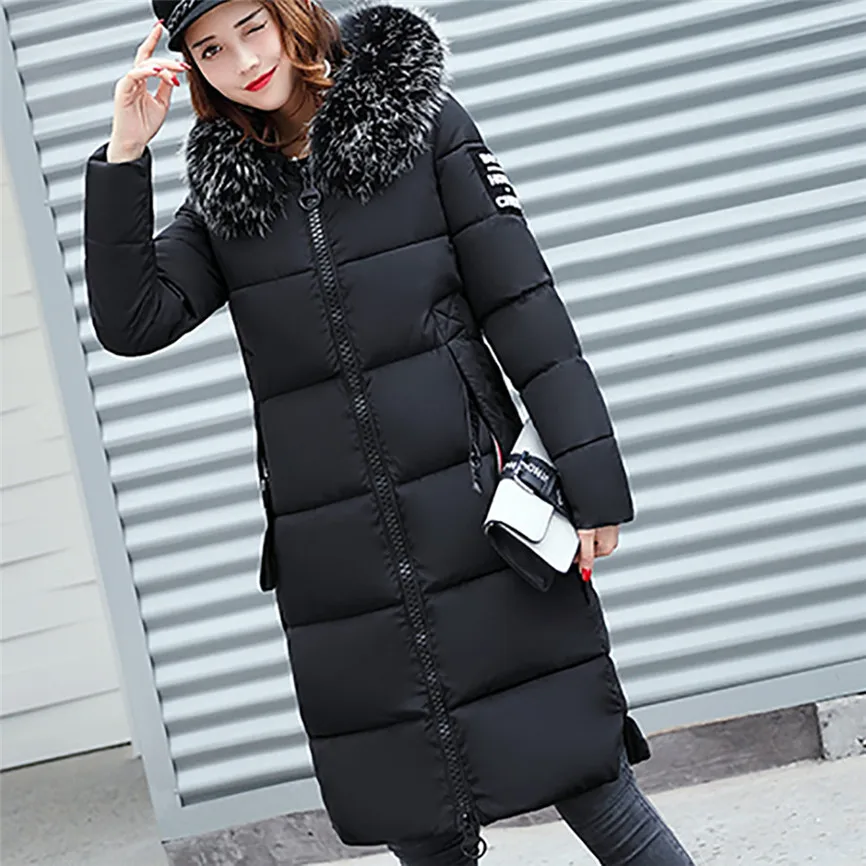 

Women Solid Casual Thicker Winter Slim Down Lammy Jacket Coat Overcoat Woman Medium Long Big Hair Collar Thickened Cotton Suit