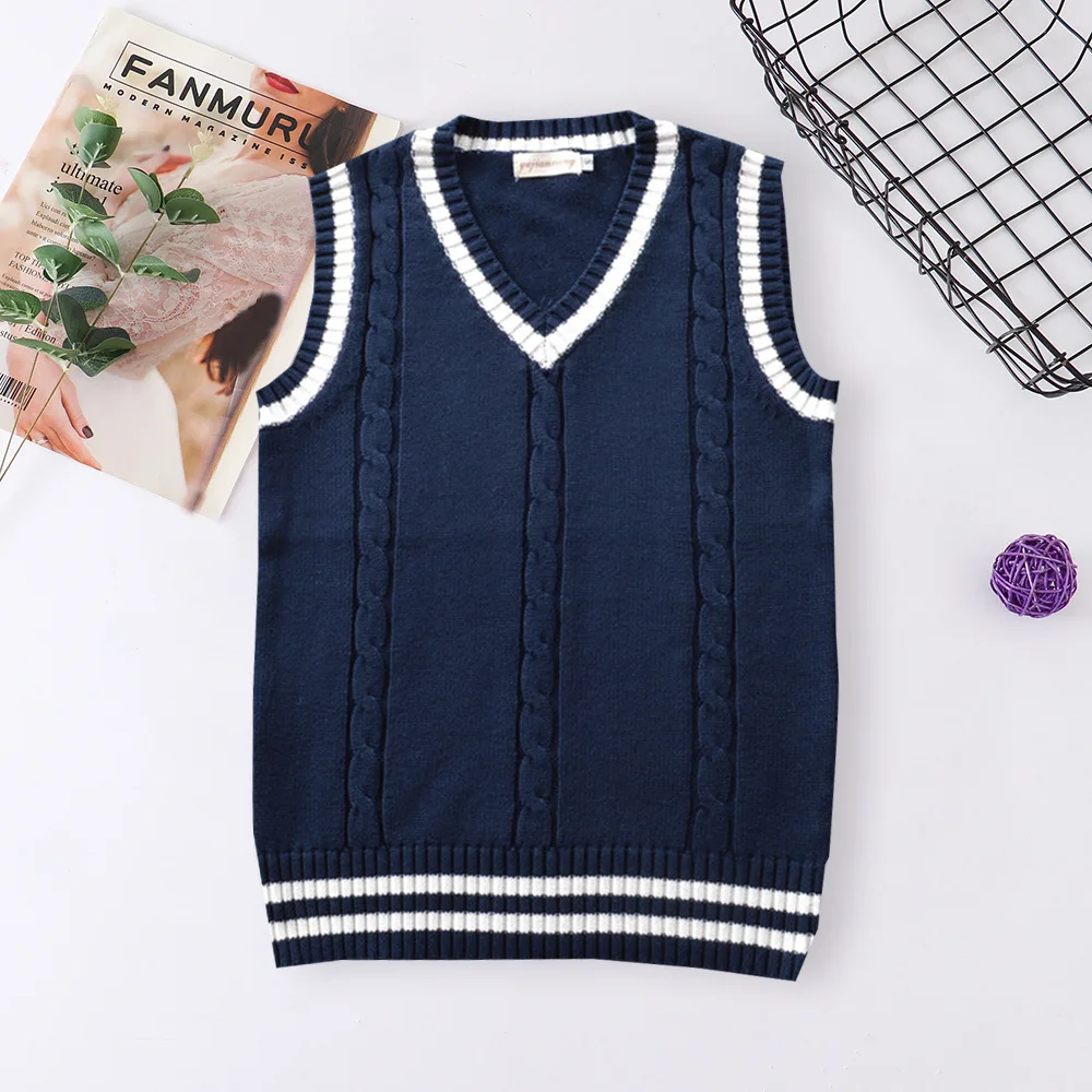 Men's Golf Vest V-Neck 100%cotton Striped Sleeveless Sweater Thick Clothes Autumn Preppy Style Vest Knitted Casual Male Sweaters woolen sweater for men