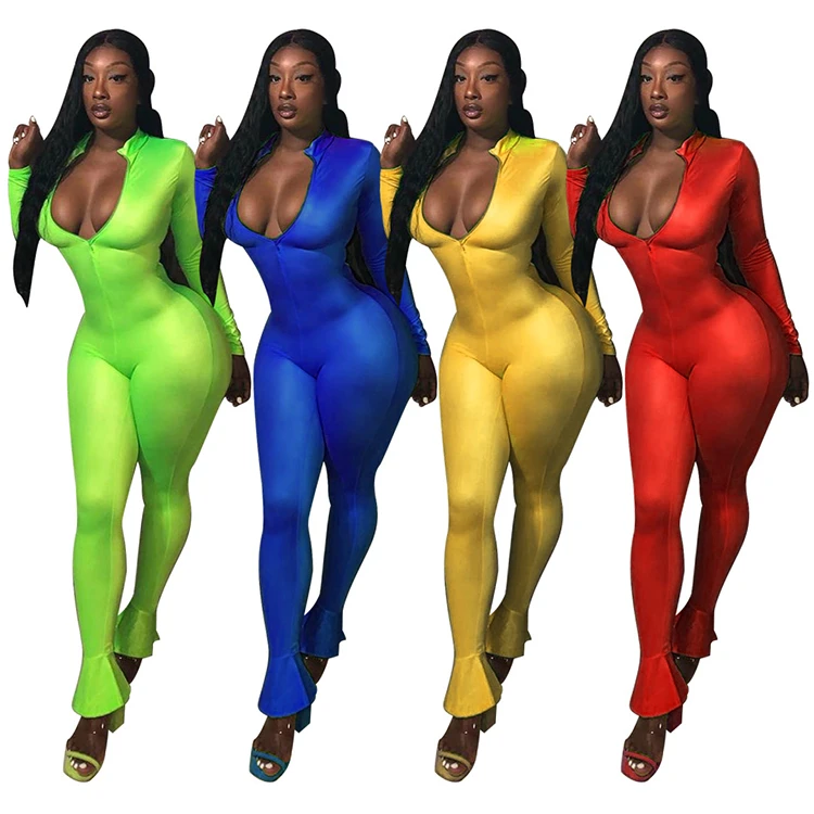 A110548 cheap apparel solid color zipper long sleeve ruffle feet hem Jumpsuit Clothing Woman Clothes