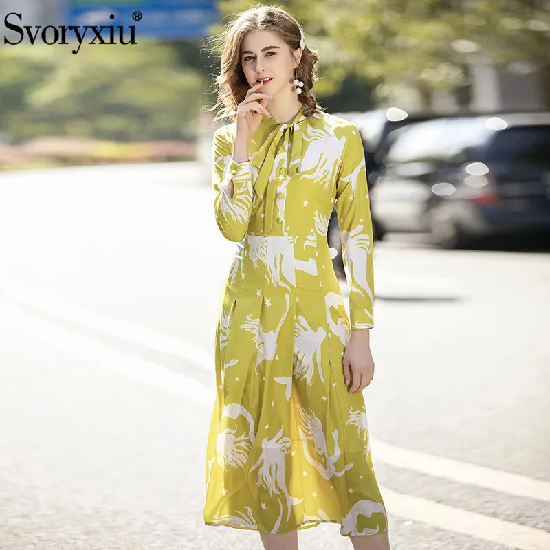 

Svoryxiu High Quality Boho Bow Collar Midi Dresses Women's Runway Designer Long Sleeve Asuka Printing Fashion Slim Pleated Dress