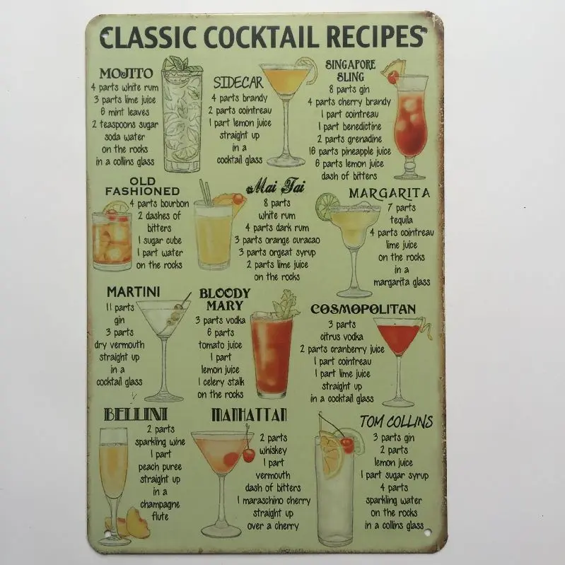 [Luckyaboy]Martini Mojito Cocktail Vintage Tin Signs Wall Plaque Custom Metal Painting Antique Gift home bar Pub Decor AL035 - Цвет: 2