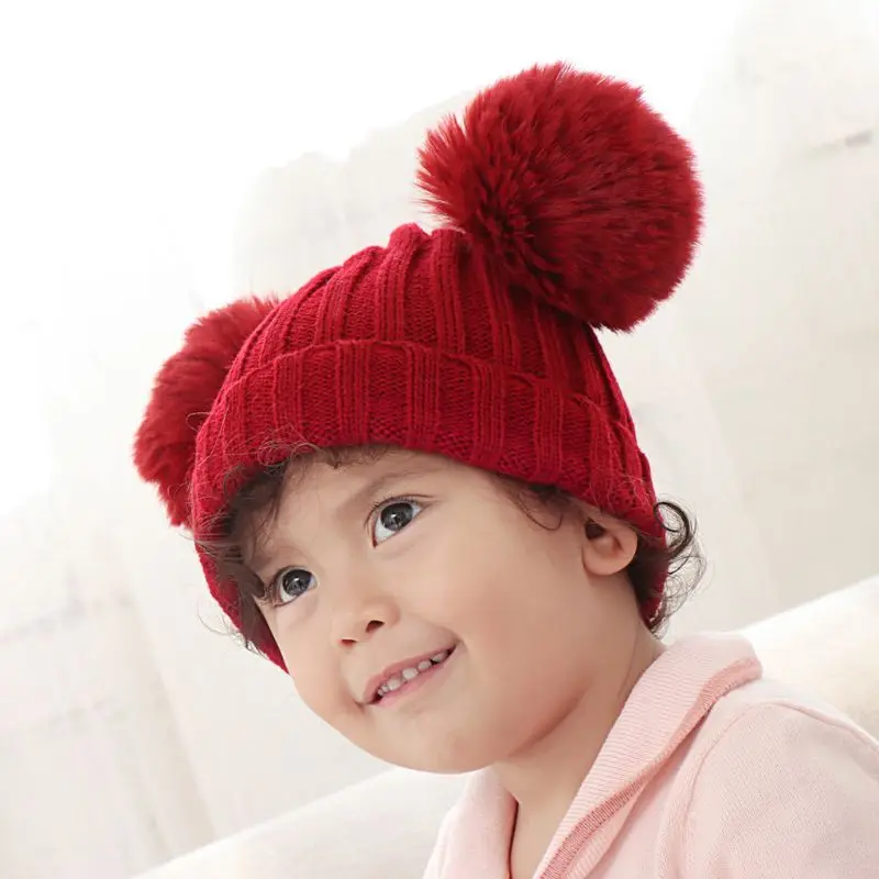 Одежда для малышей Детские Коренастый крючком вязаная шапка зима низ с милым помпоном шапка Кепки высокое качество и Фирменная Новинка