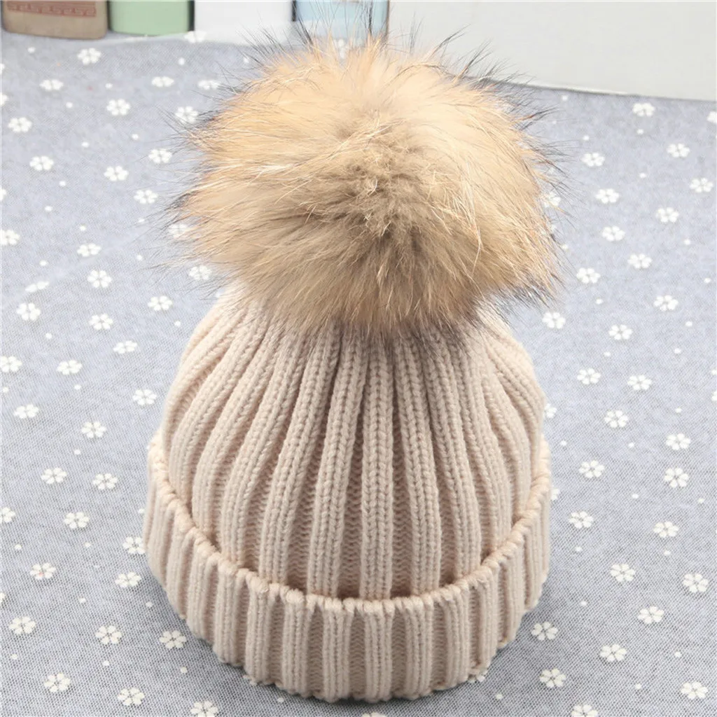 Меховая шапка с помпоном, зимние детские шляпы, Skullies Beanies, Детские теплые шапки, эластичные вязаные шапки, детские меховые шапки с помпонами для мальчиков и девочек