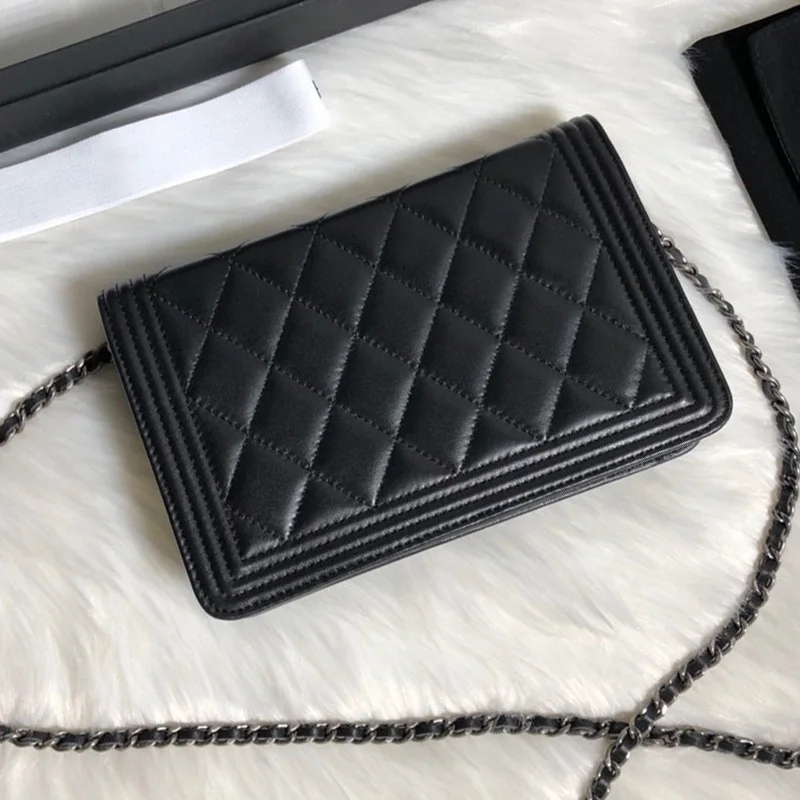 black silver chain luxury lambskin handbags women designer high quality mini purse brand caviar shoulder bag flap chain crossbody bags woc - Цвет: black silver chain