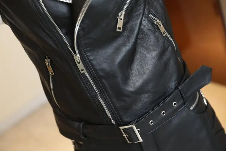 Genuine Leather Vest Highstreet Moto Notched Neck Zip Buckle Belted Sleeveless Sheepskin Vests Women Casual Slim Outwear Female