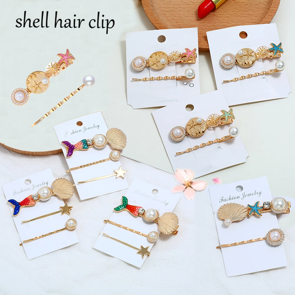 2/3pcs Summer Beach Shell Metal Hairpins Fashion Pearl hairgrip Mermaid Starfish HairClips Women Hair Accessories Adult Headwear