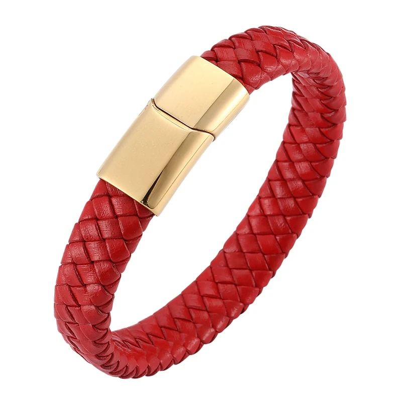 Gold color buckle Популярный товар, мужские и женские ювелирные изделия, красный плетеный кожаный браслет, золотой, нержавеющая сталь, магнитная застежка, модные браслеты с подвесками SP0228 - Окраска металла: Gold color buckle