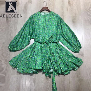

AELESEEN Runway Fashion Women Green Dress Designer New Autumn Long Sleeve Dress Floral Print Belt A-Line Mini Party Dress