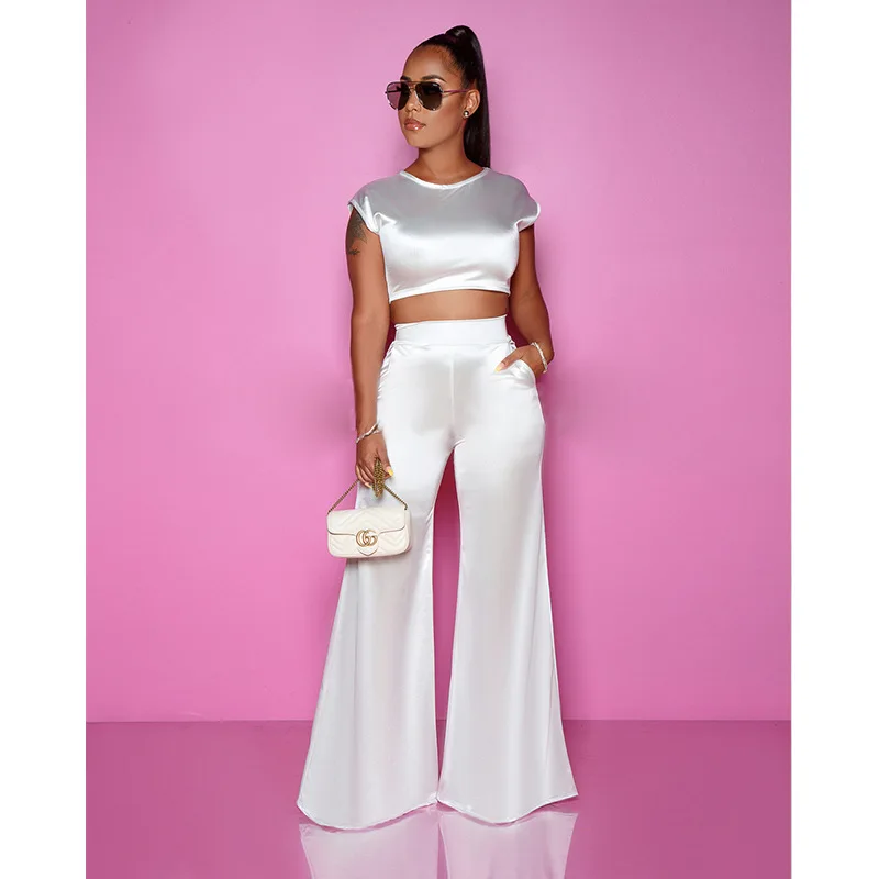 Satin 2 piece set women Short Sleeve Crop Top and wide Leg Long Pants Set Sexy Tracksuit Club Outfits Elegant Matching Sets 2019