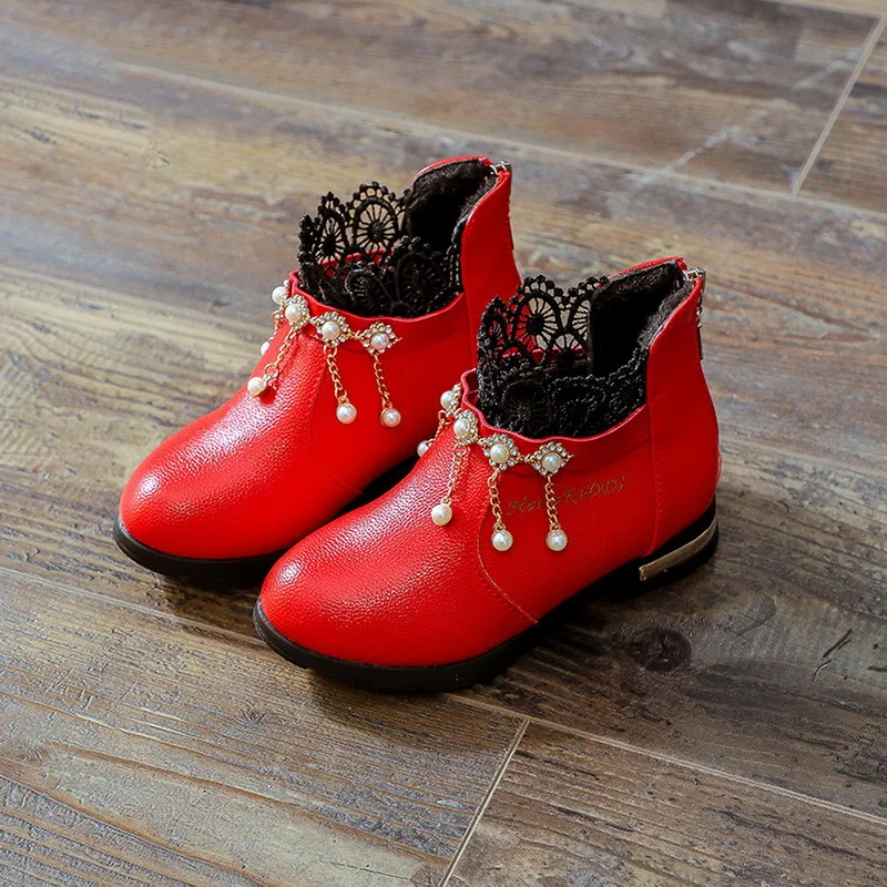Oeak/Детские ботильоны для девочек с кружевным бантом до середины икры модные ботинки принцесса туфли на плоской подошве Весна Осень Дети флис снег обувь