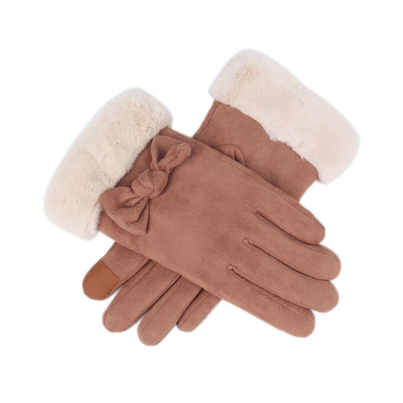 Осенне-зимние женские перчатки с бархатным бантом, с сенсорным экраном, милые теплые замшевые рукавицы, женские перчатки с защитой от холода - Цвет: Brown