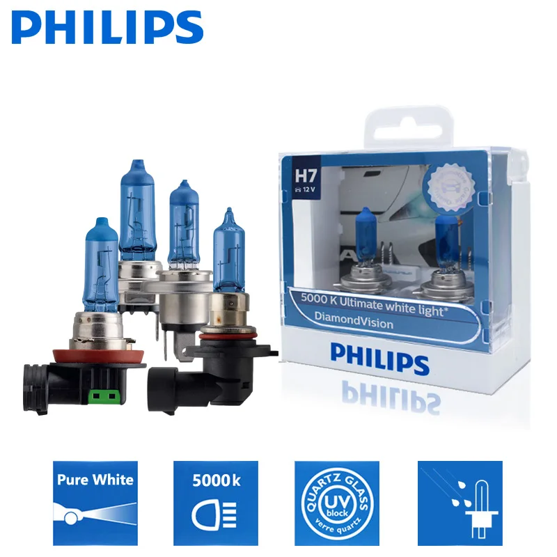 2X Philips H1 H4 H7 H8 H11 HB2 HB3 HB4 9003 9005 9006 12V Diamond Vision 5000K супер белые галогенные лампы