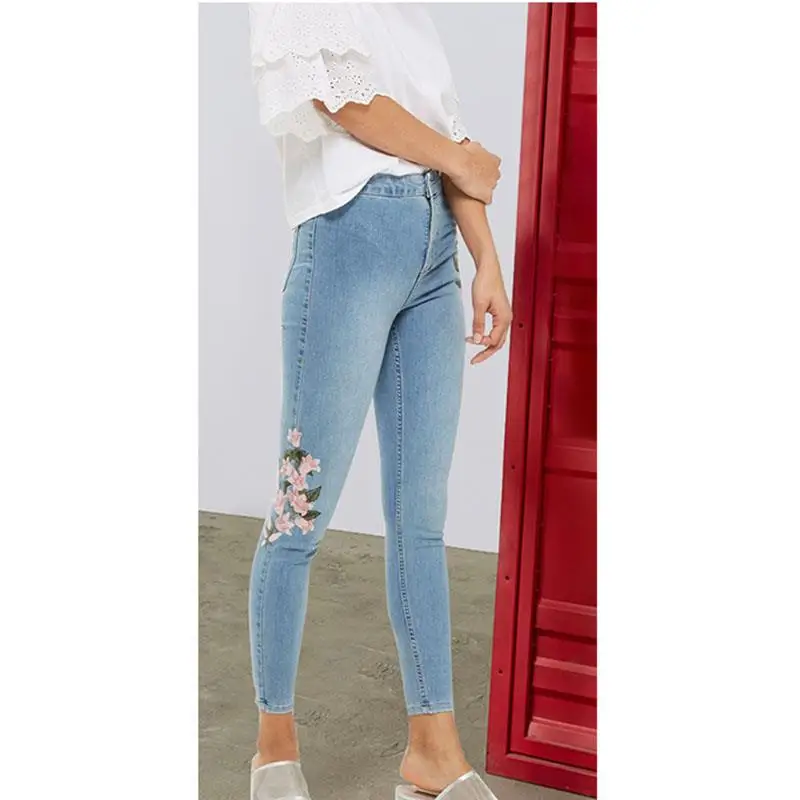 Fashion Elegant Simple Floral Print Jeans Button Women Vintage High