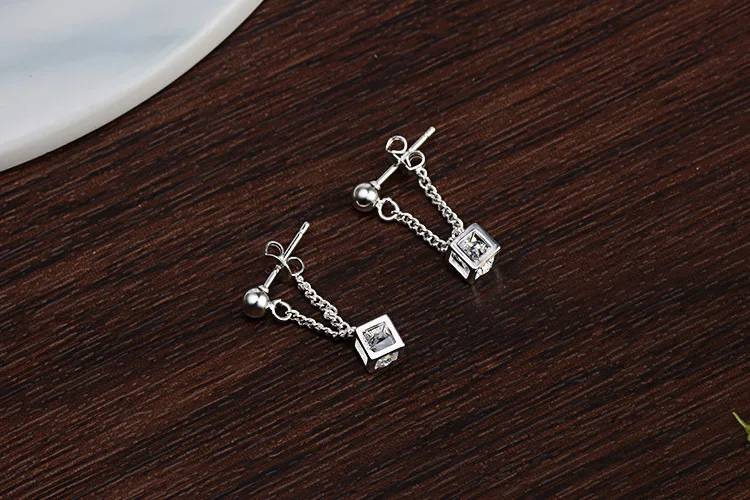 Simple Elegant 925 Sterling Silver Cube Love Window Zircon Tassel Sugar Drop Earrings For Women brincos oorbellen Best Gift