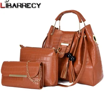 

3 Sets Pearl Tassel Totes Female Metal Handle Chain Crossbody Bag for Women Large Capacity Stone Pattern Pu Leather Shoulder Bag