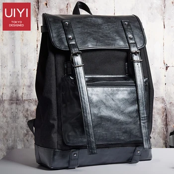 

UIYI 2020 Fashion Men's Backpack Personality Trend Street Black Huangjian Backpack Schoolbag Laptop Bag PU Material Customized