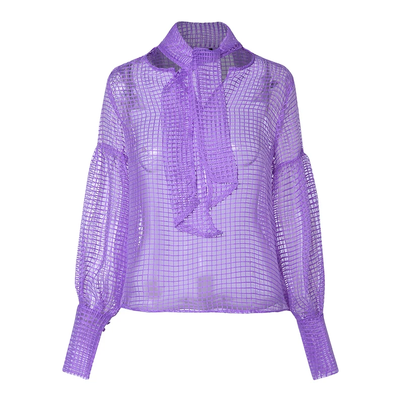 Осенне-Летняя женская блузка с полым рукавом-фонариком для вечеринки, элегантные топы, рубашки с шарфом, туника размера плюс VONDA