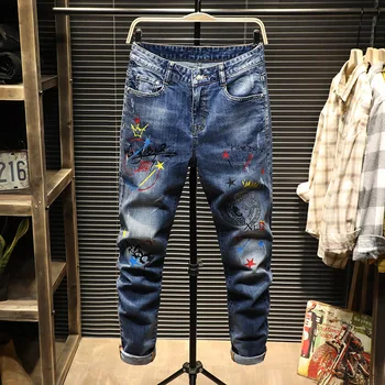 

9862 Hot Drilling Hole Jeans Male 2020 Xia Chao Brand Elastic Force Slim Fit Feet Pants