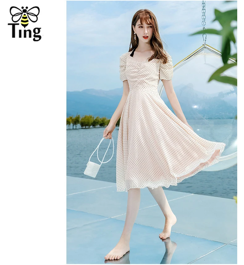 Tingfly Vintage Elegant Polka Dot Chiffon Summer Dress V neck Bow Tie Puff Sleeve A line Party Dresses Casual Dress Streetwear