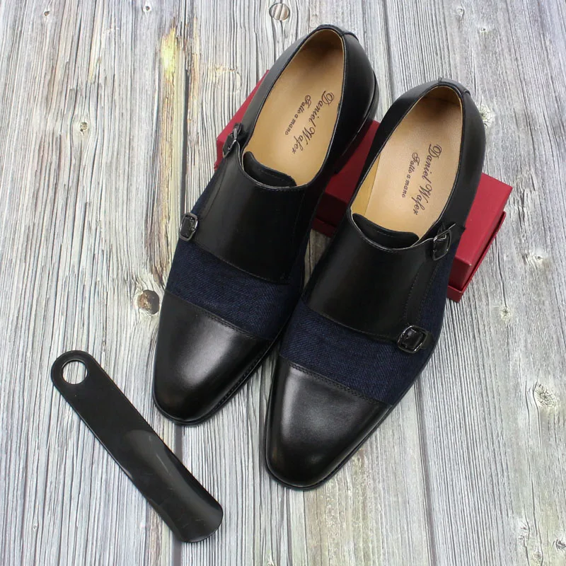 DANIEL WAFER Brand Designer Monk Strap Mens Dress Shoes Genuine Leather With Denim Black Brown Wedding Party Dress Shoes Men