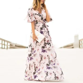 

Summer Big Size Boho Maxi Woman Dress Casual Floral Printed Bohemian Beach Dresses Sexy V Neck Party Vestido With Sashes