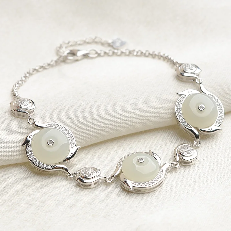 

Natural white jade bracelet 925 silver set and Tianyu bracelet women's jade hand string attached certificate