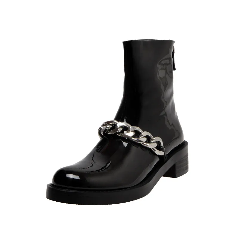 black patent leather MORAZORA/ г., Новое поступление, Модные ботильоны женские ботинки черного цвета из натуральной кожи зимняя женская обувь на среднем каблуке с круглым носком - Цвет: black patent leather