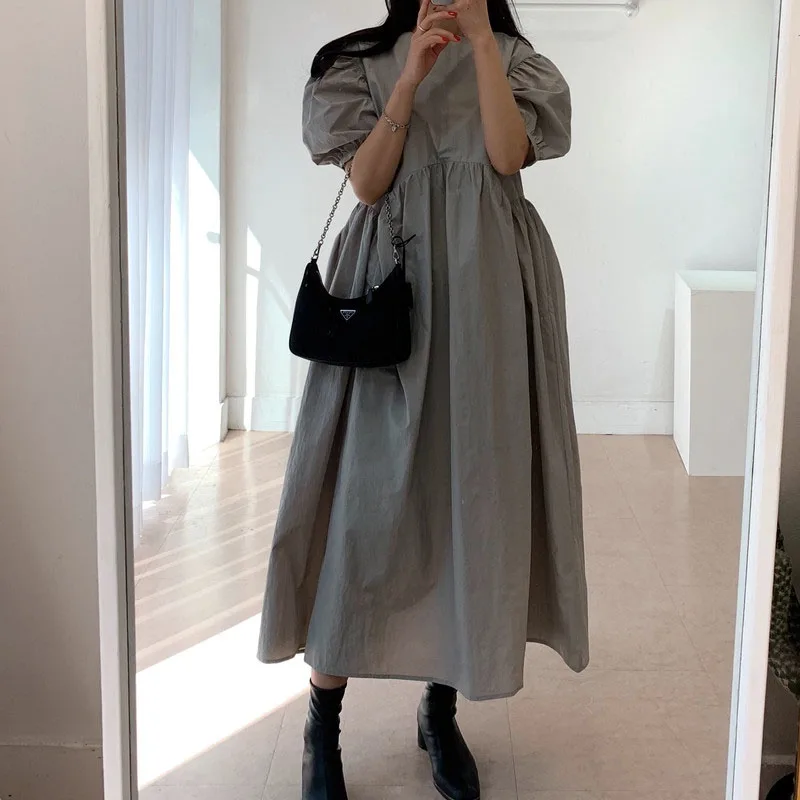 2020 Summer New Irregular Elegant White Gray Dress Fashion O-Neck Pleated Dresses Female Vintage Puff Sleeve Female Dress