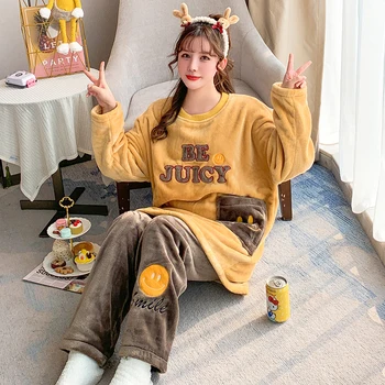 

Women Pajamas Set Thick Flannel Warm Female Winter Pajama Set Long Sleeve Full Trousers Two Piece Pajamas Animal Cartoon