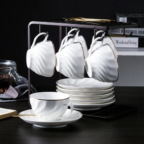 High Quality Bone China Tea Cup and Saucer Set Luxury Coffee Cup Vintage White Ceramic Coffee Cups Classic Nordic Kitchen D6D - Цвет: 6 cup saucer set