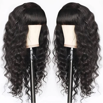 

Loose Deep Wave Wigs With Bangs Full Machine Made Wigs For Women 10-28inch Natural Color Remy Peruvian Human Hair Wig With Bangs