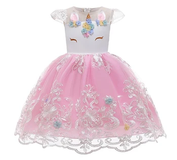 

D0128 Unicorn Florals Embroidery Princess Baby Girl Dress 2020 Spring Party Wedding Kid Dress For Girl Wholesale Child Clothes