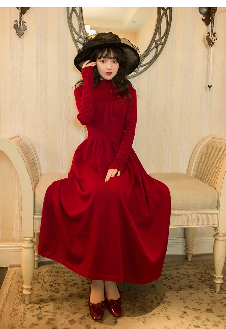 YOSIMI, эластичное женское платье-свитер, Vestido, Осень-зима, длинное женское платье со стоячим воротником, длинный рукав, до середины икры, Бандажное платье