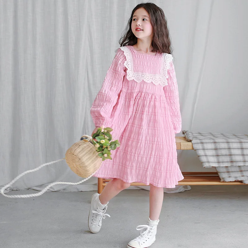 

Spring Lovely Girls Lace Floral Print Casual Tee Dress Kids Spring Long Sleeve Button Back Cute Short Dresses