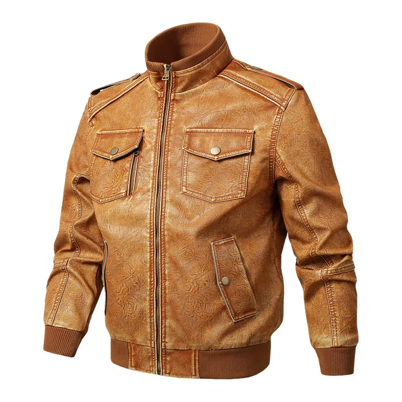 Мужская куртка из искусственной кожи; сезон осень-зима; повседневная куртка с воротником-стойкой; роскошное пальто с несколькими карманами; Военная мотоциклетная куртка из искусственной кожи; мужская куртка; 5XL