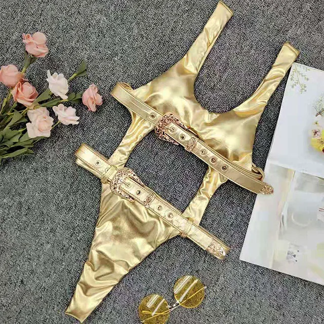 B781Gold Женский купальник с пряжкой и ремнем, сексуальный блестящий цельный купальник из искусственной кожи, женские стринги, монокини, купальный костюм с высоким вырезом, бразильский комплект бикини - Цвет: B781Gold